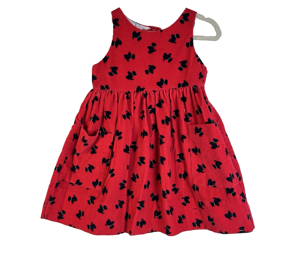 Vintage Kelly's Kids Corduroy Dress Girl's 2 Scottie Dogs Red Christmas USA